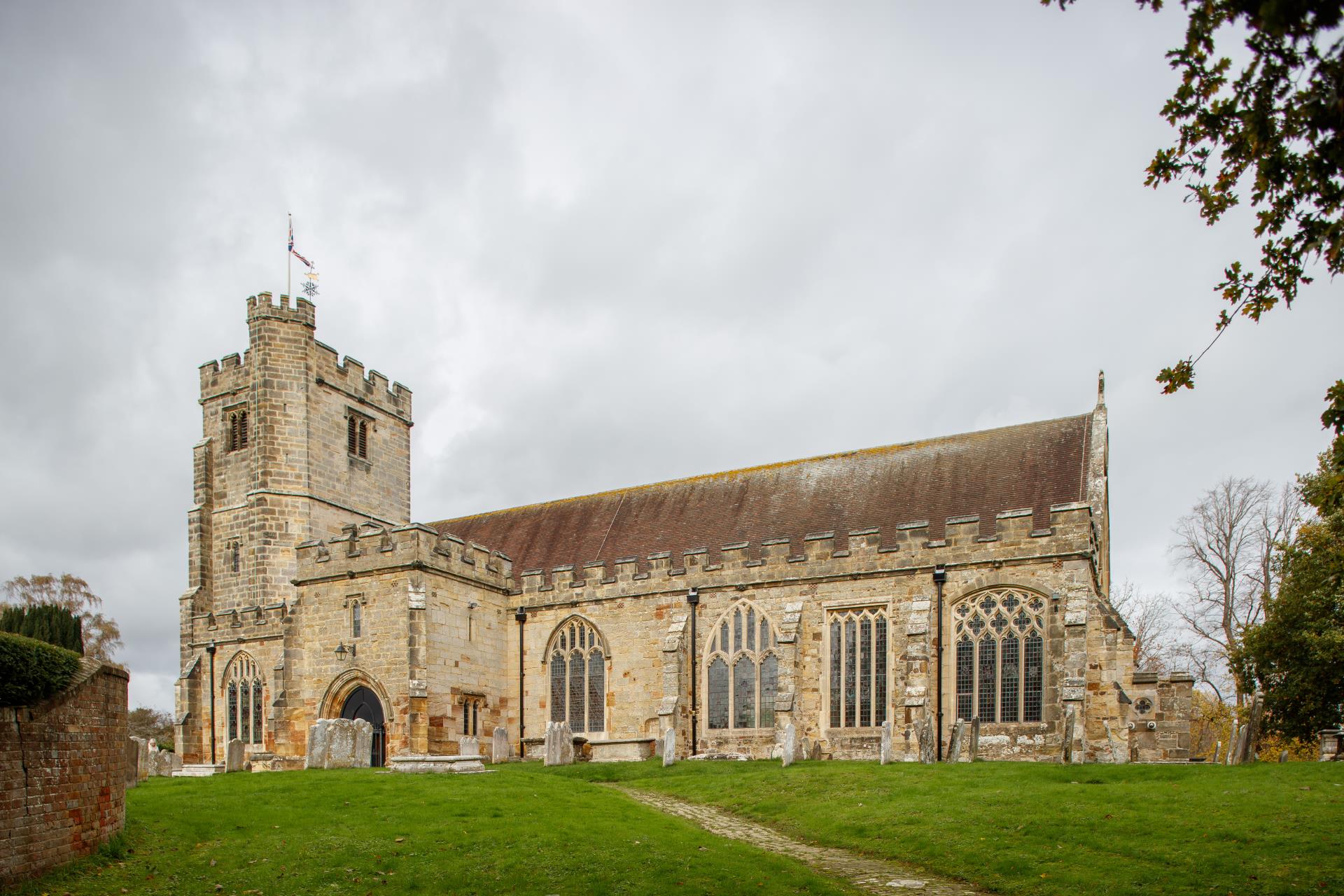 a large stone building with a tower