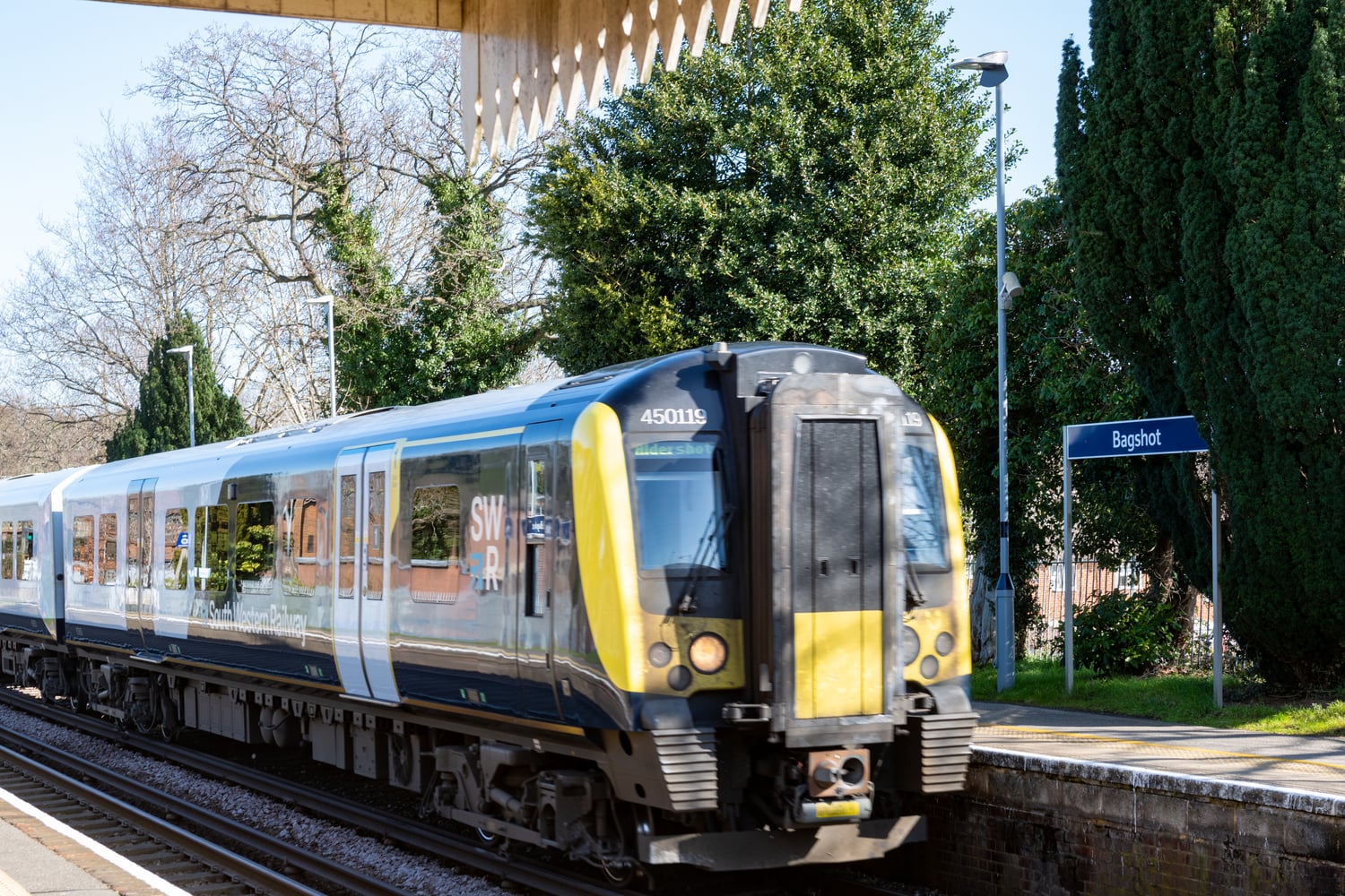 A train pulling into the railway station in Bagshot. 