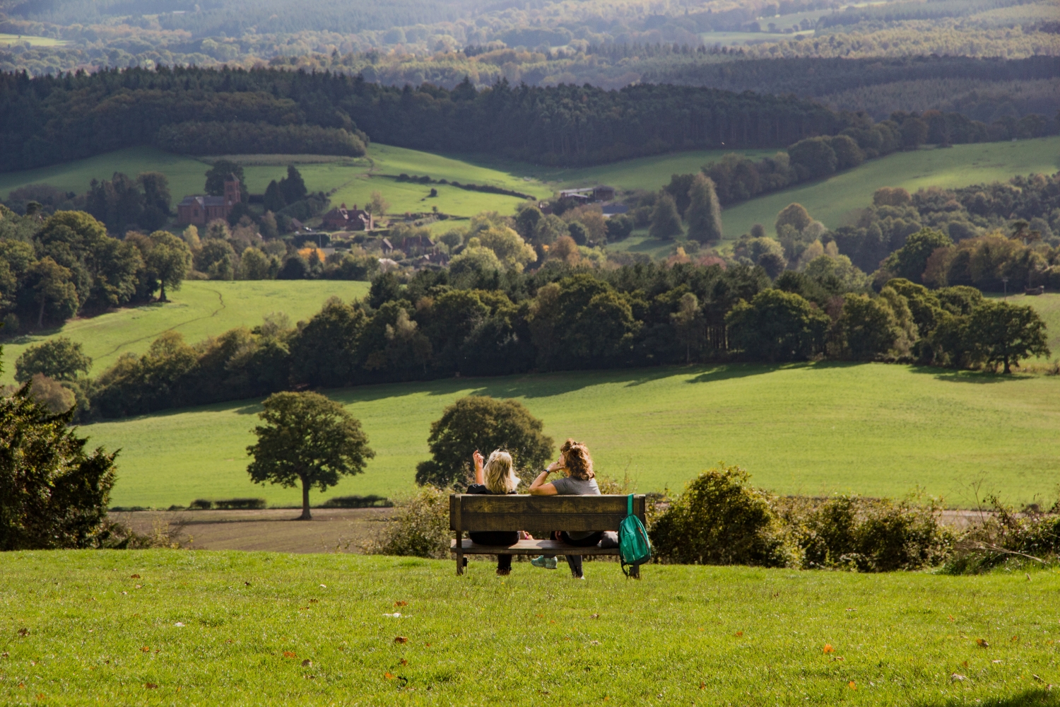 Scenic view from Newlands Corner near Guildford, showcasing the rolling Surrey Hills countryside and peaceful rural landscape.