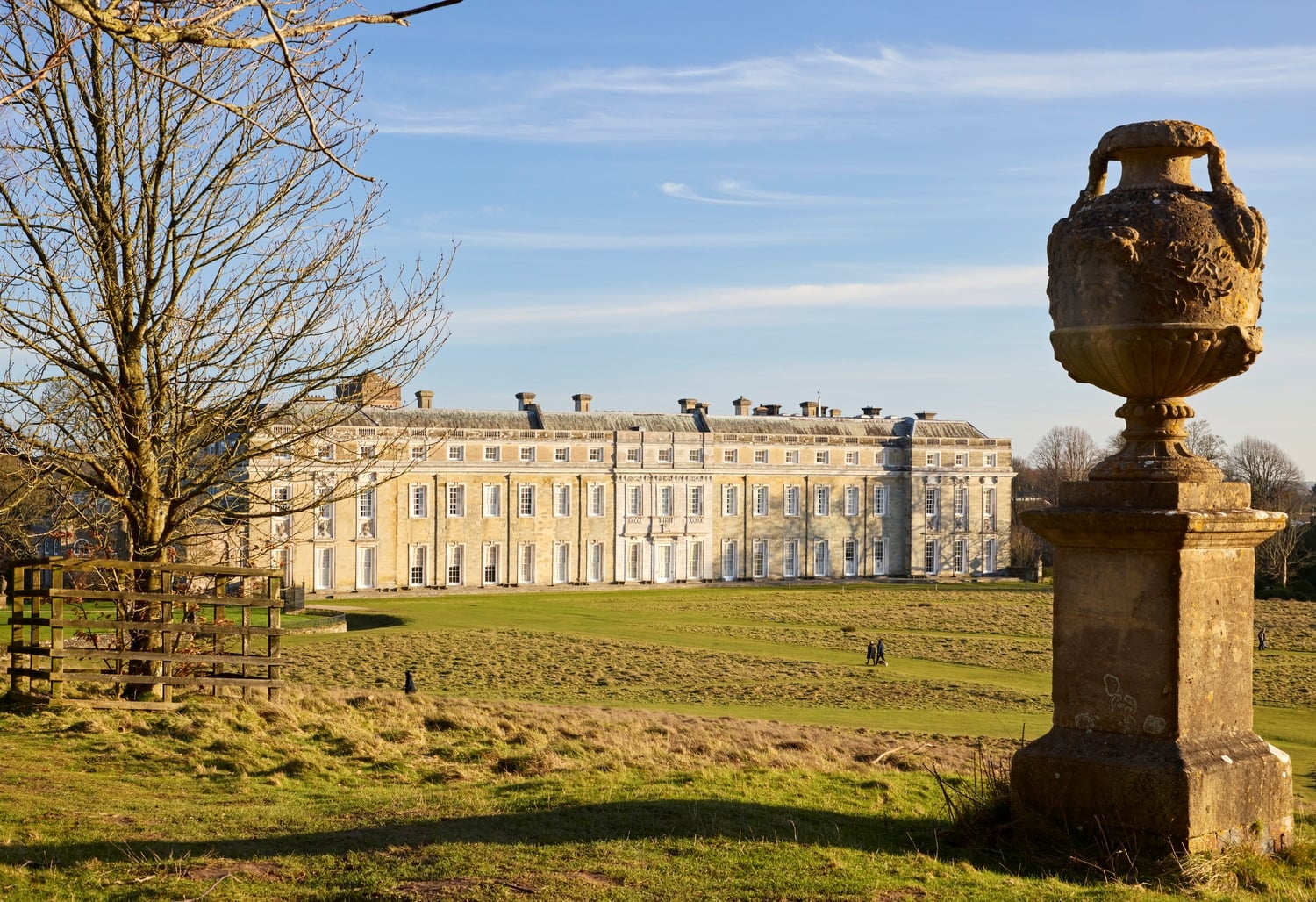A view of the grand exterior of Petworth House over the parkland.