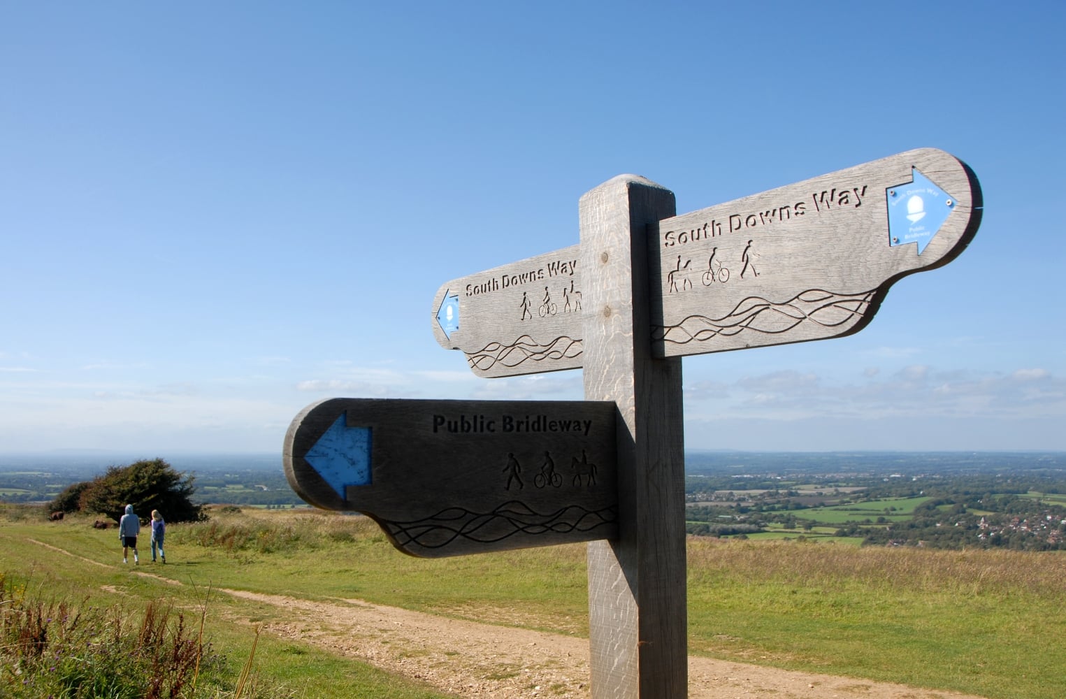 A wooden signpost showing the route of the South Downs Way and views over the Sussex countryside.