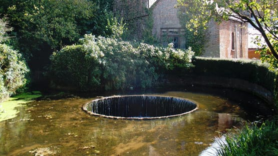 a pond with a fountain in it