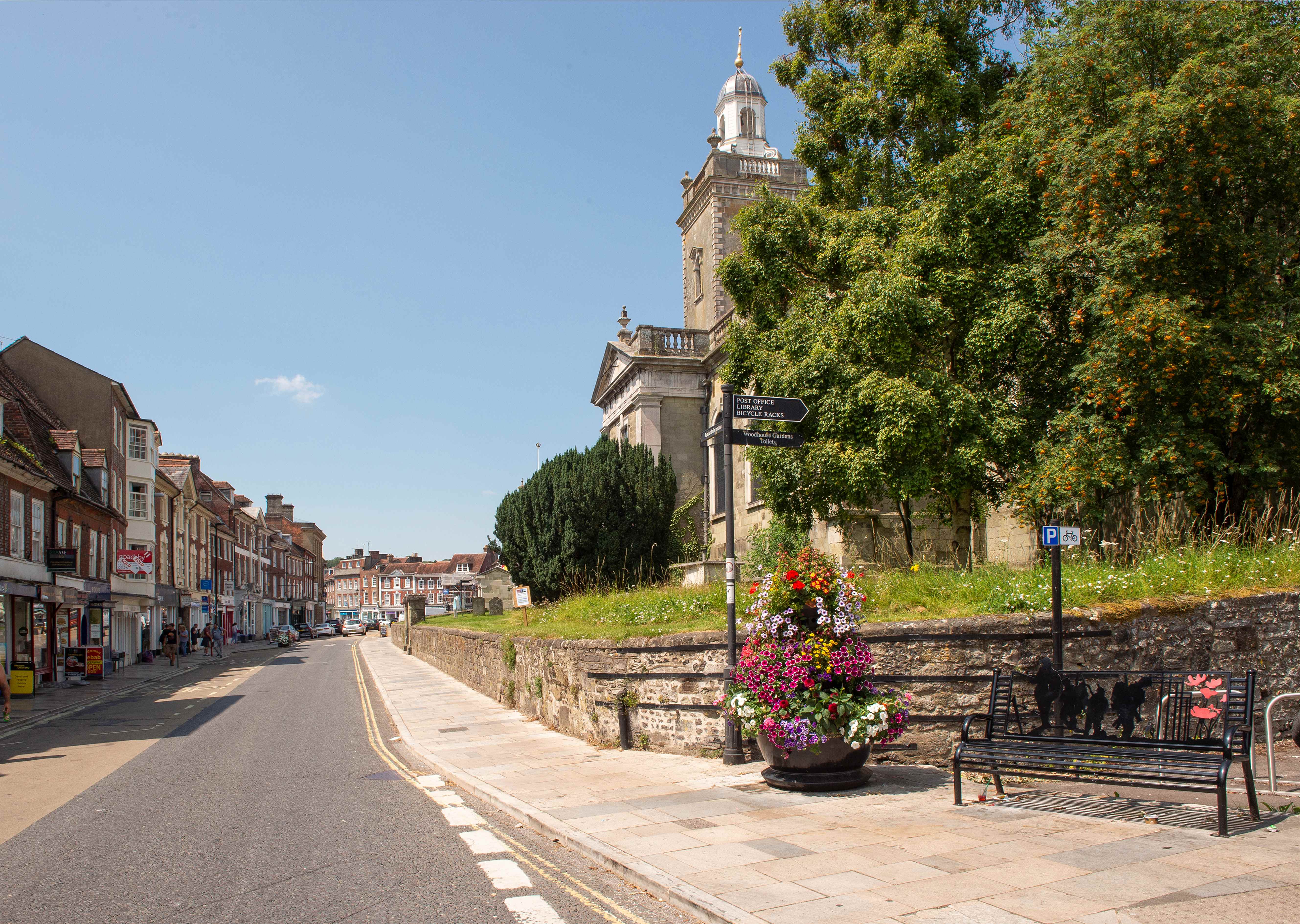 A road in Blandford St Mary village centre.