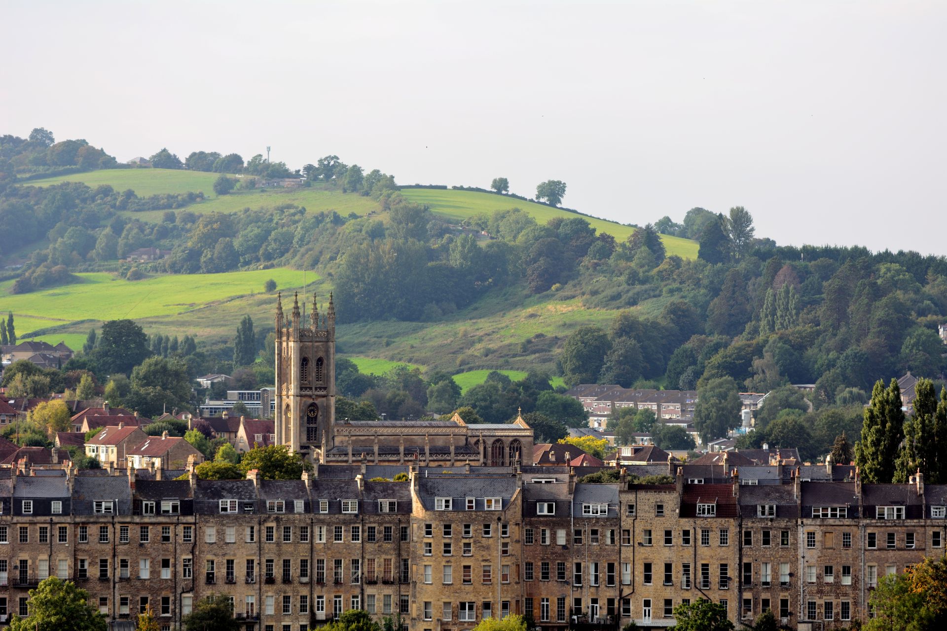 a large green hillside with buildings and trees