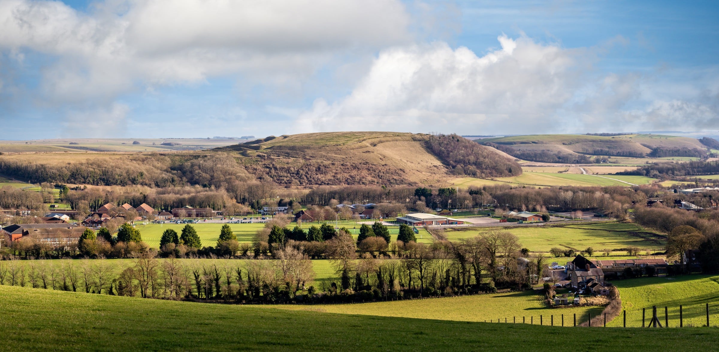 Panorama of Battlebury Hill from West Wilts Golf Course in Warminster, Wiltshire.
