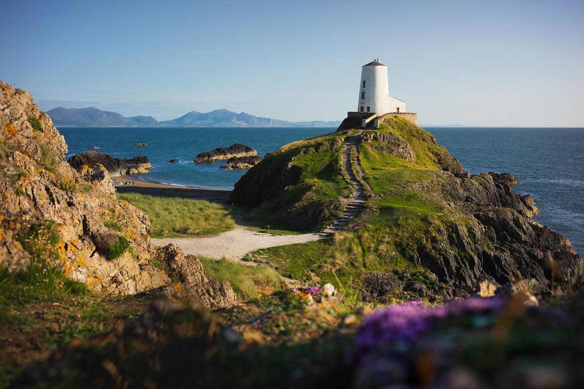 Tŵr Mawr Lighthouse on Ynys Llanddwyn on the coast of Anglesey in North Wales.