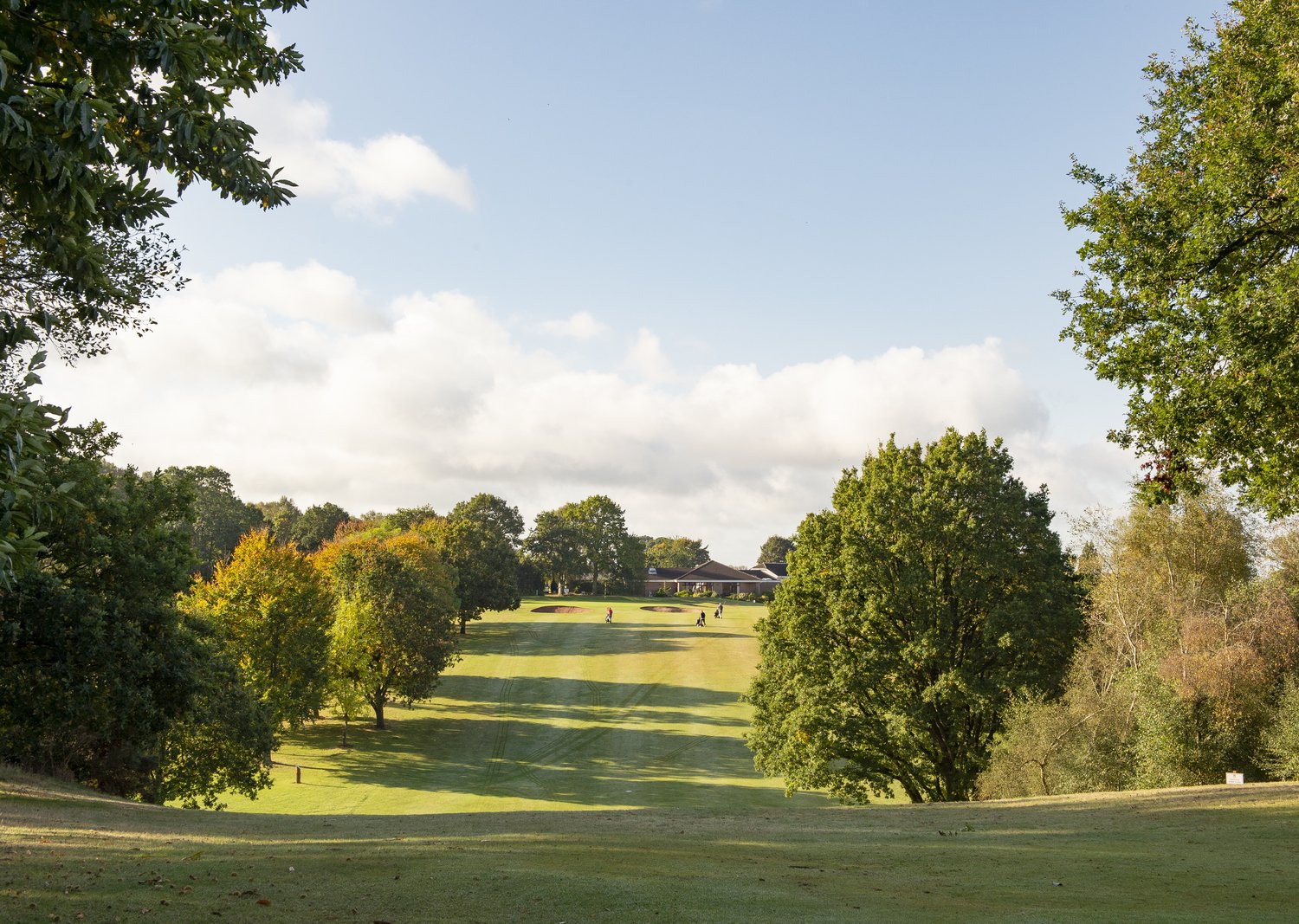 Part of the golf course at Market Drayton with large green trees in the background.