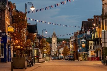 a street with buildings, trees on the side and bunting at dusk