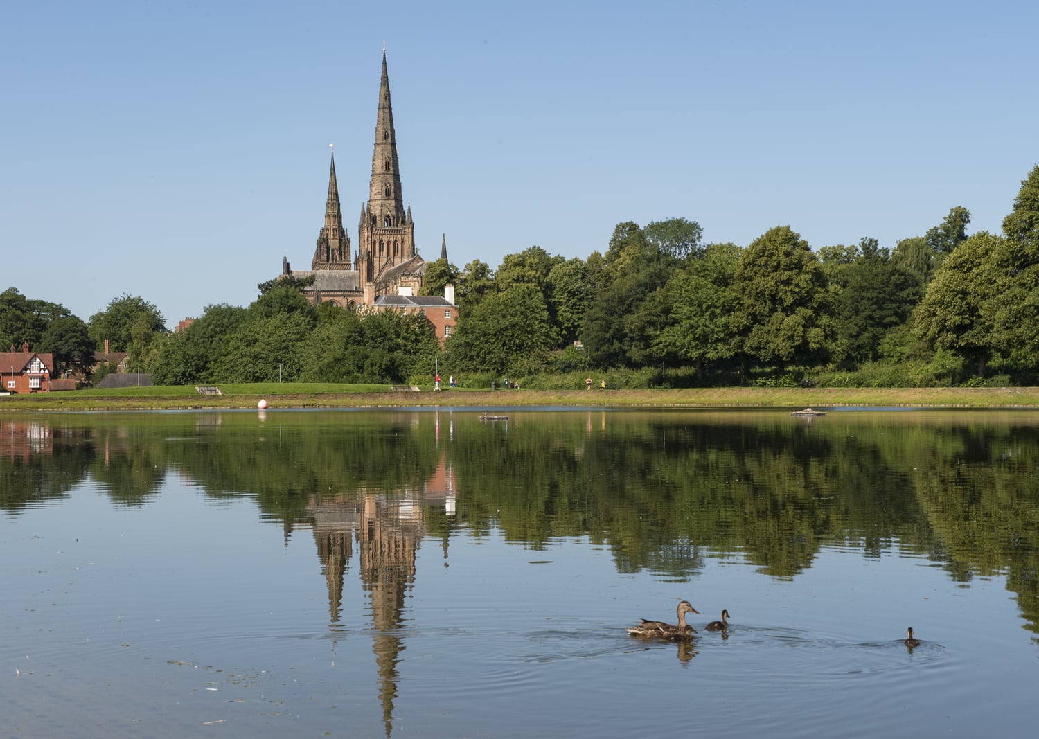 Stowe Pool with Lichfield Cathedral in the background.
