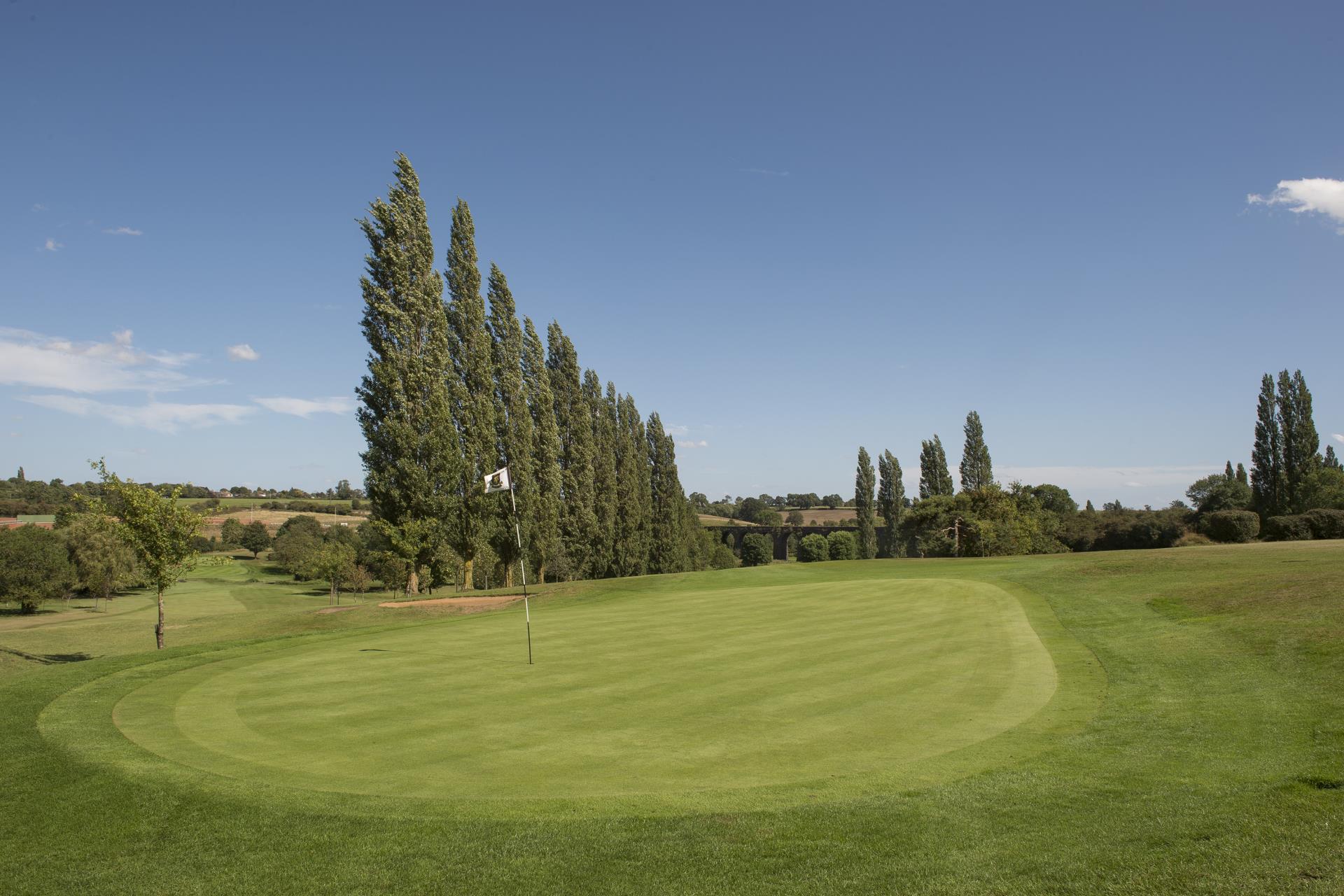 a golf course with trees and a large rock formation in the background