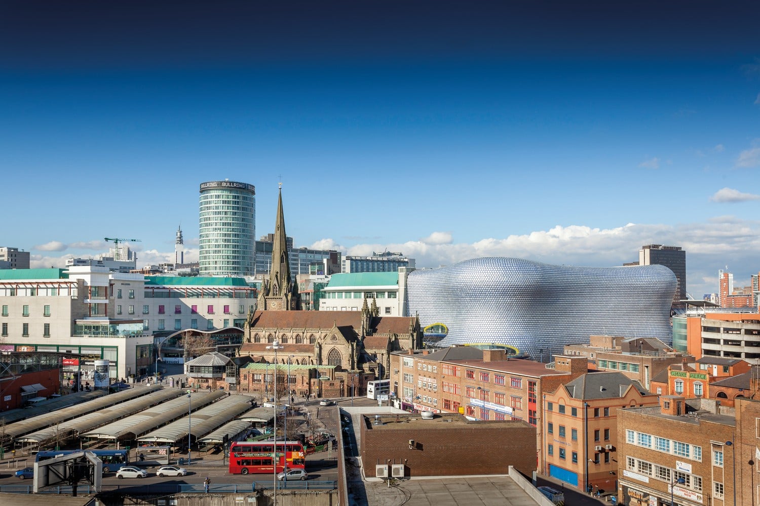 Panoramic view of buildings and facilities in central Birmingham.