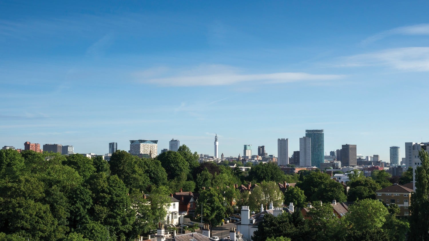 Panoramic view of trees, skyscrapers, and other buildings in Birmingham.