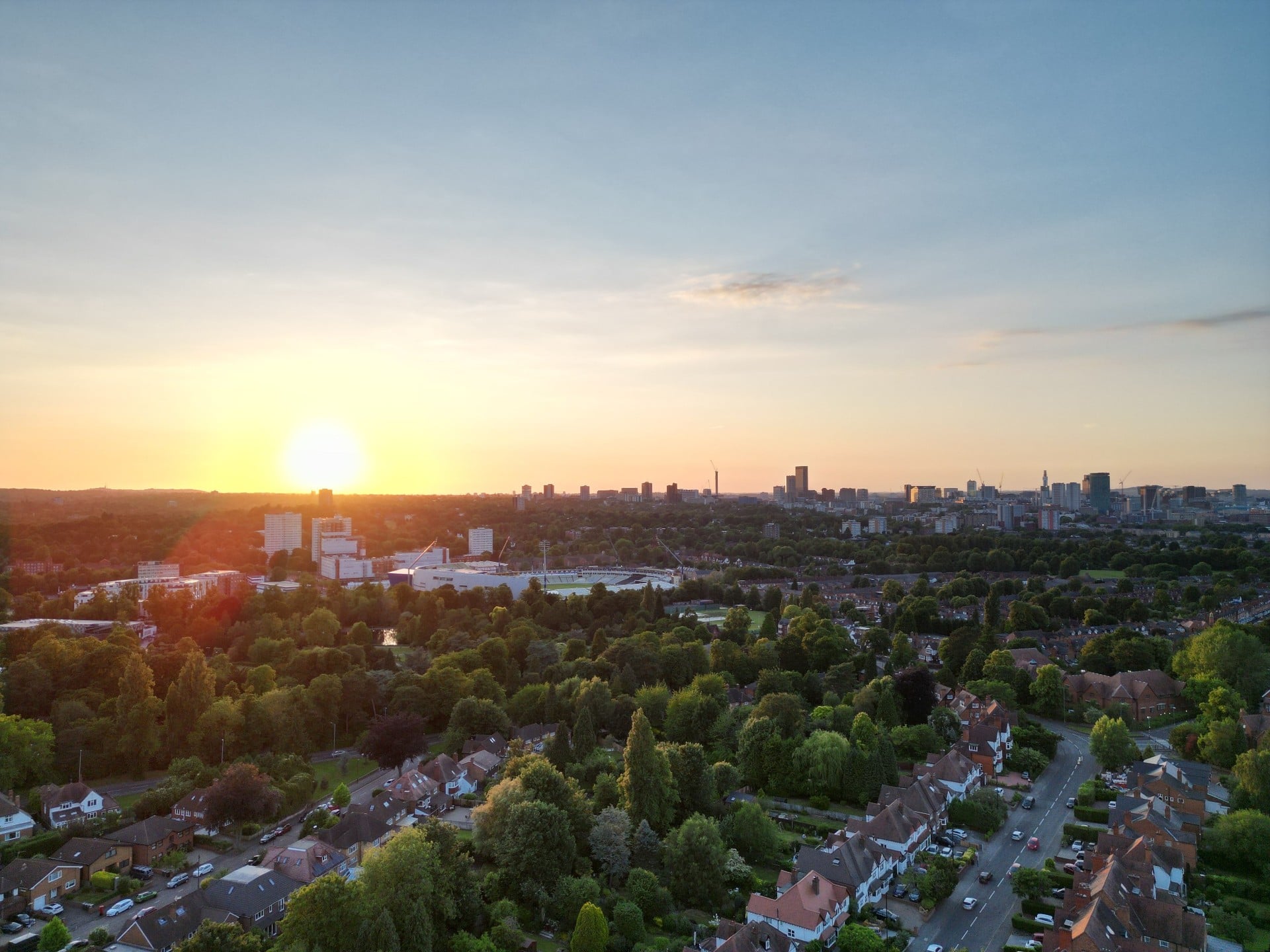 An aerial view of Edgbaston Cricket Ground and surrounding area of Birmingham, UK.