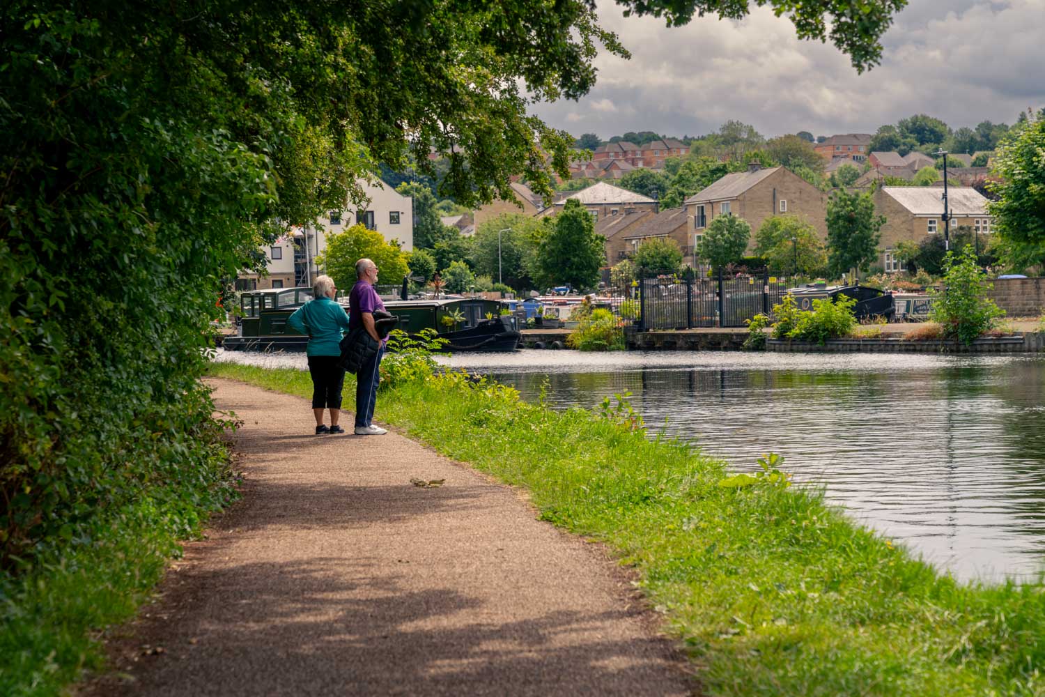 a couple of people walking on a path by water with houses in the background