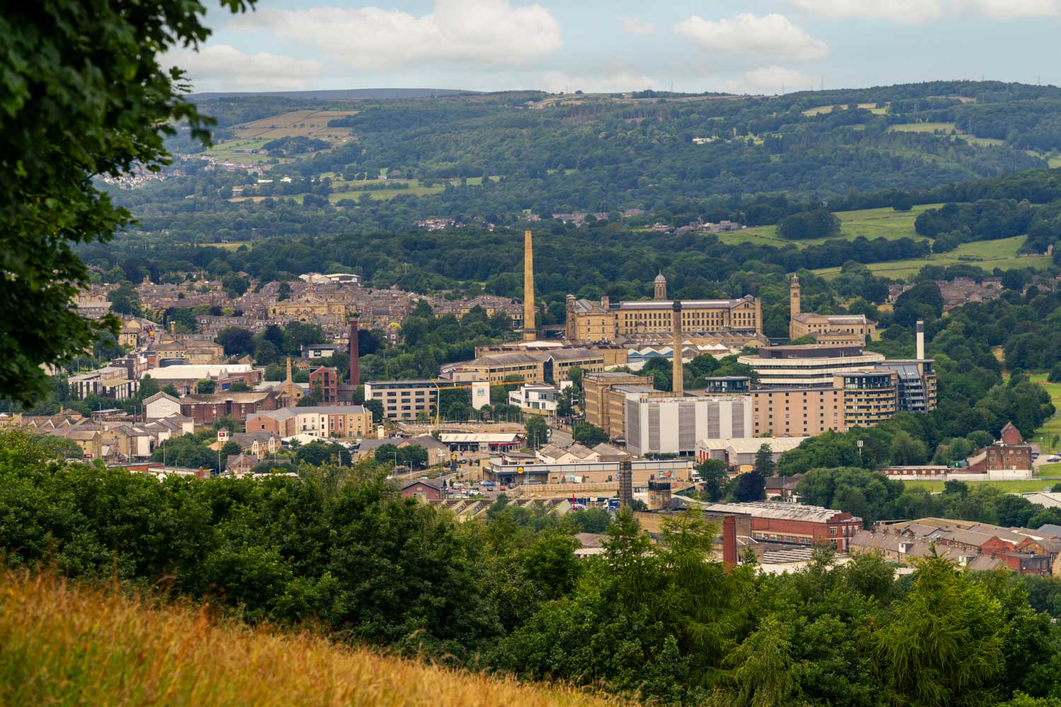 a city with a tower in the distance