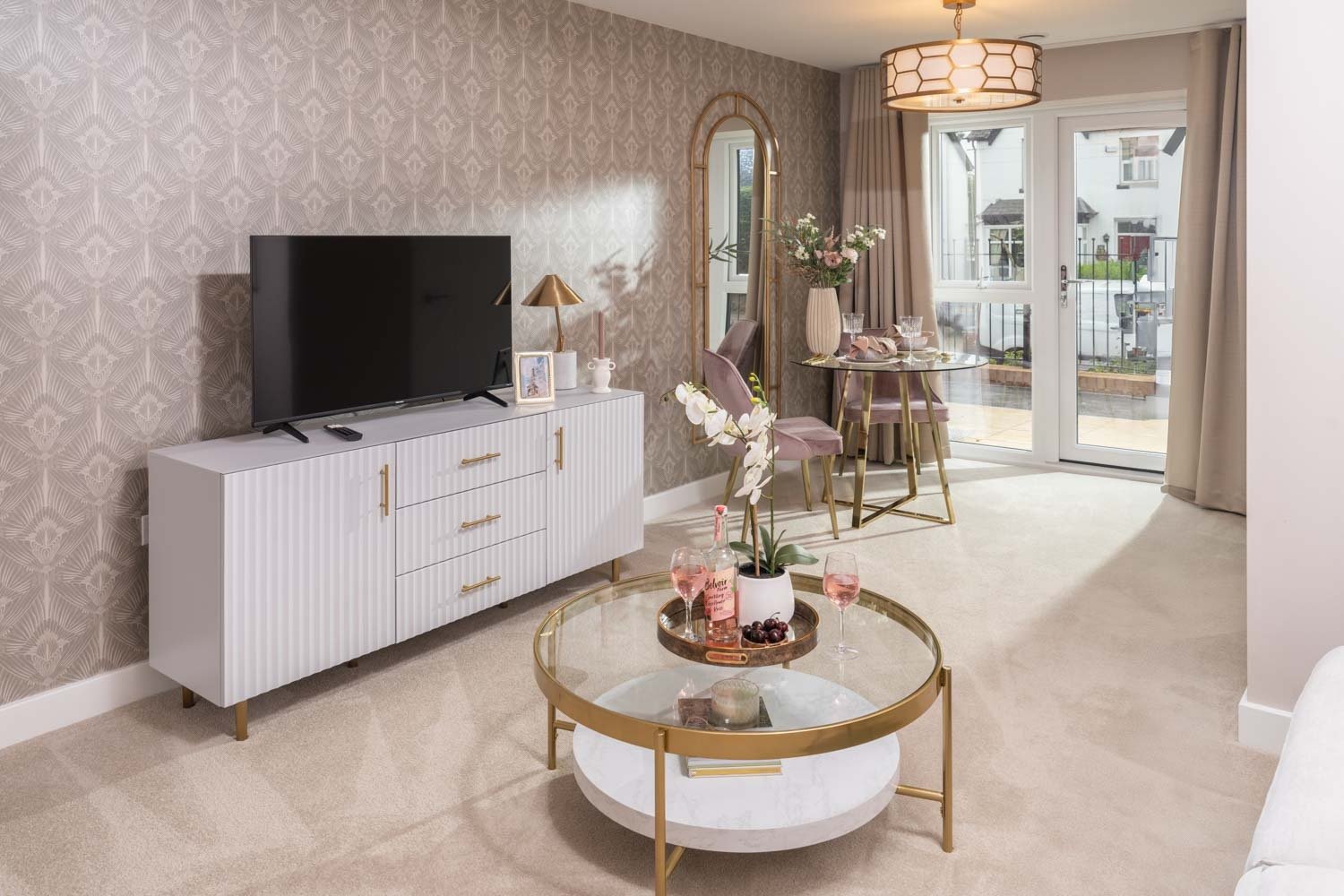 An apartment living room at a McCarthy Stone Retirement Living development.