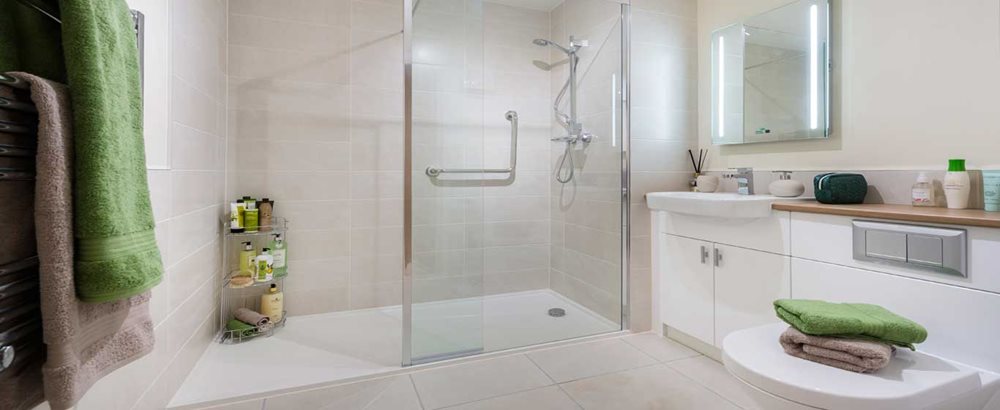 a bathroom with a glass shower