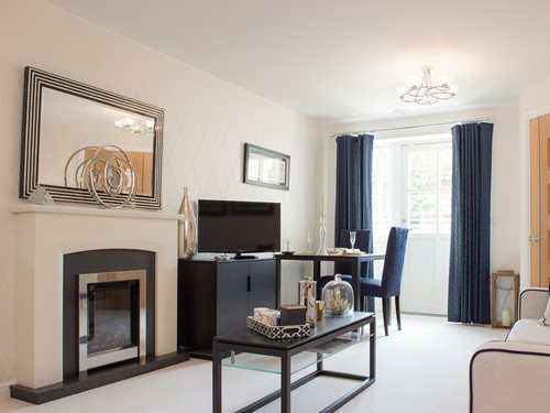 a living room with a fireplace