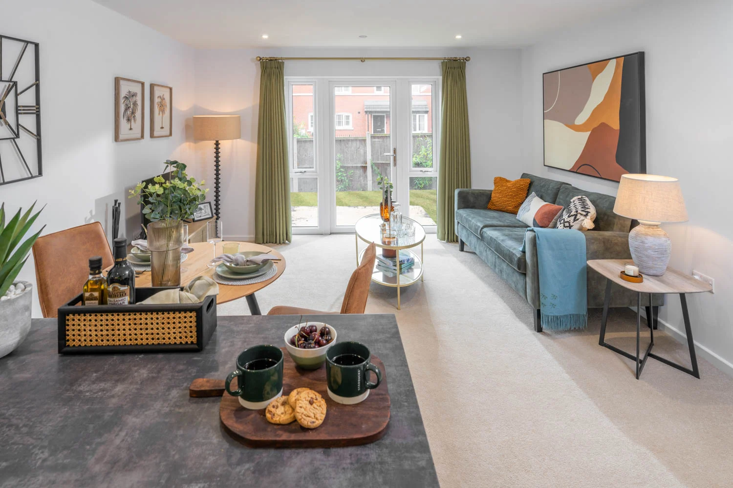 a living room with a couch and coffee table