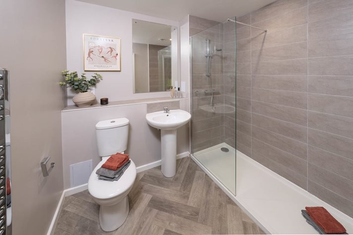 a bathroom with a glass shower