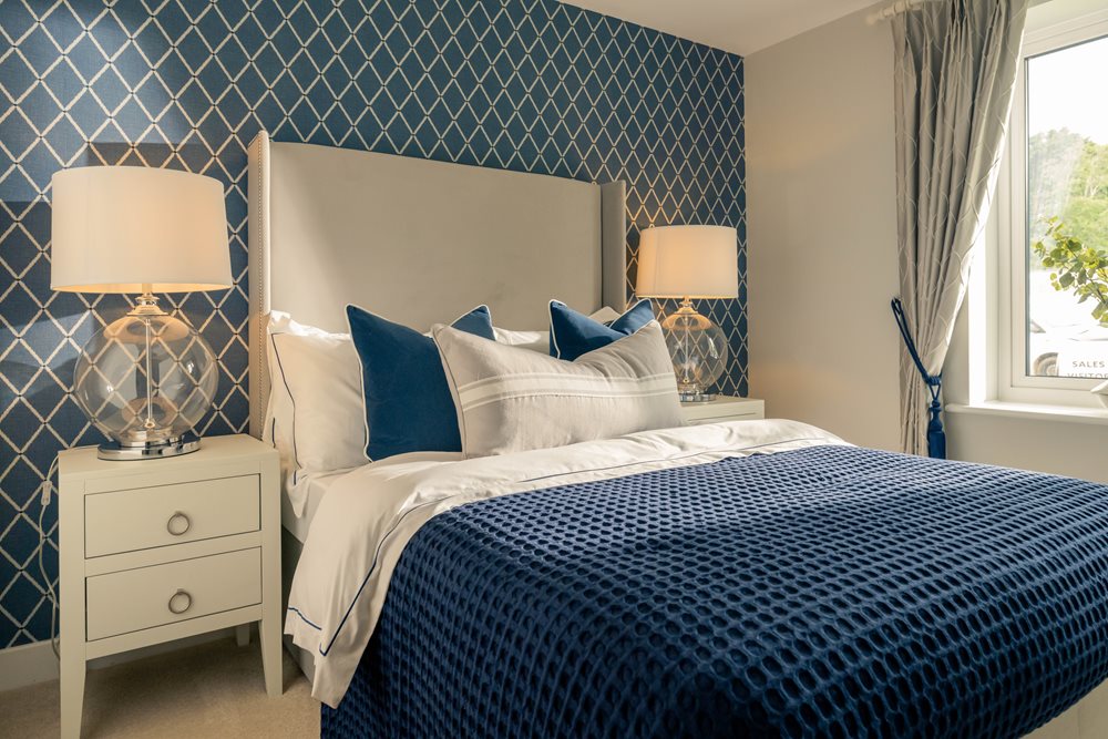 a bedroom with two lamps