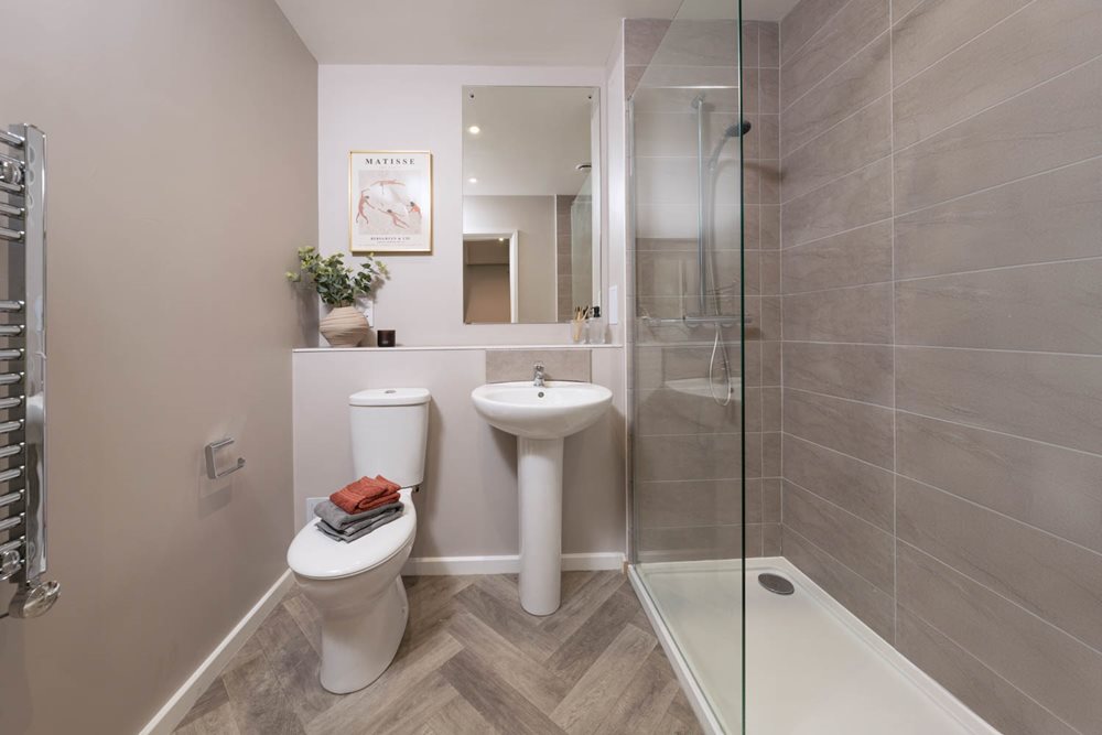 a bathroom with a glass shower