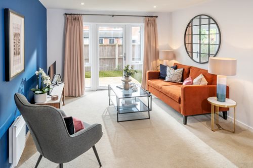 a living room with a large mirror