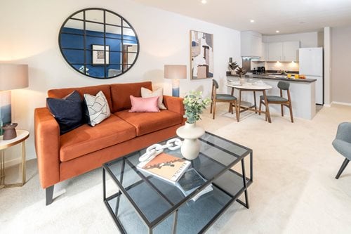 a living room with a couch and a coffee table