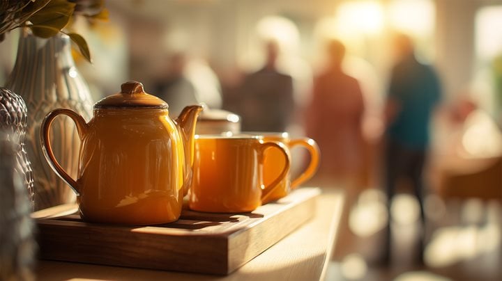 a teapot and cups on a table
