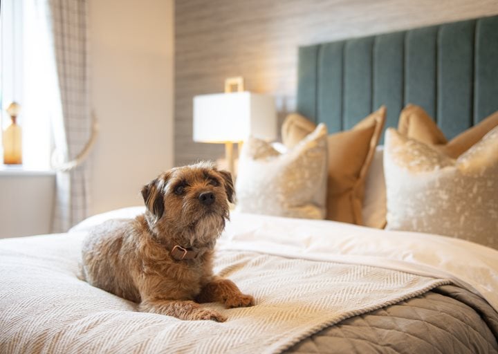 A dog sitting on a bed in a McCarthy & Stone retirement living apartment.
