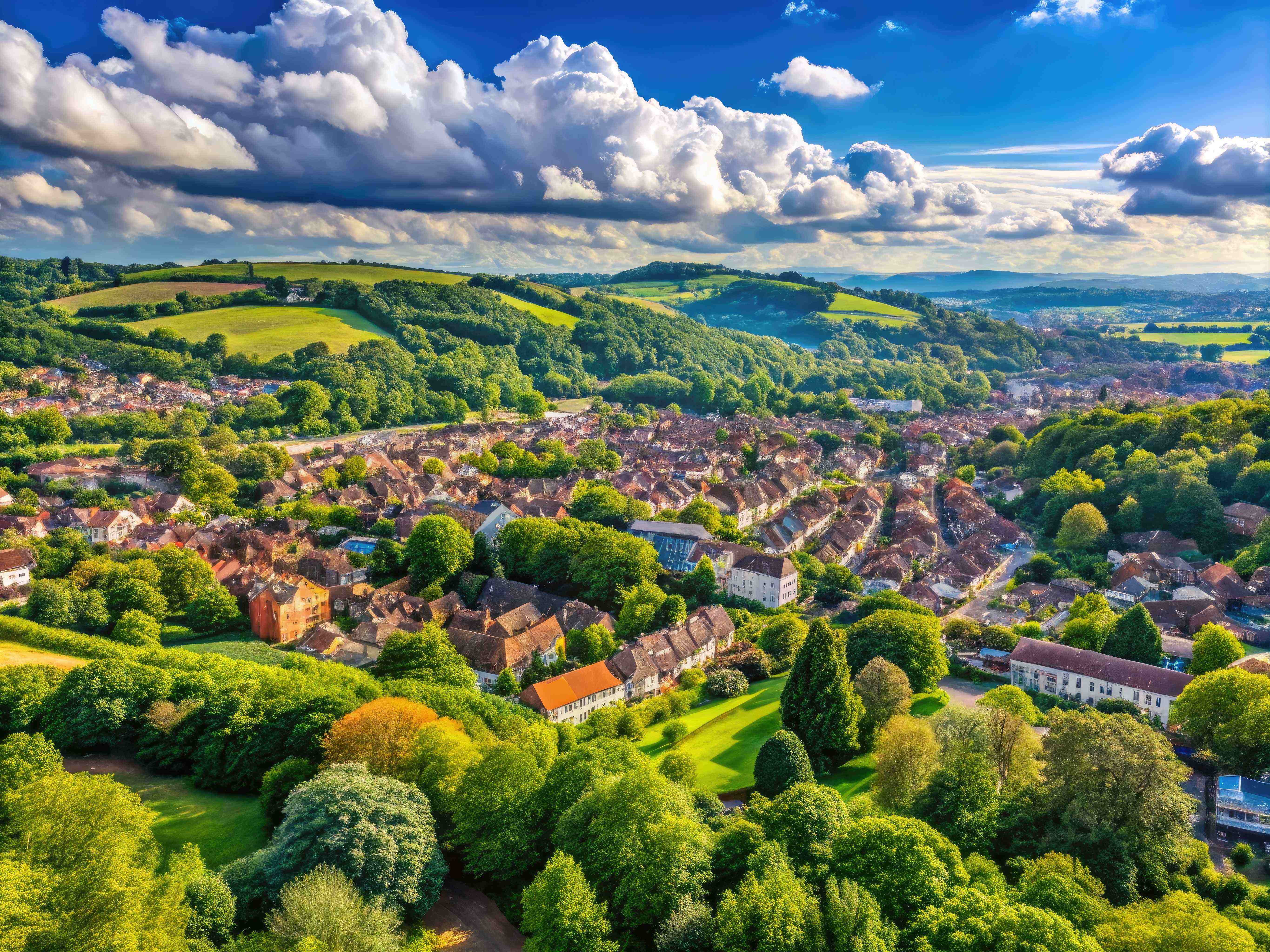 a landscape with trees and buildings